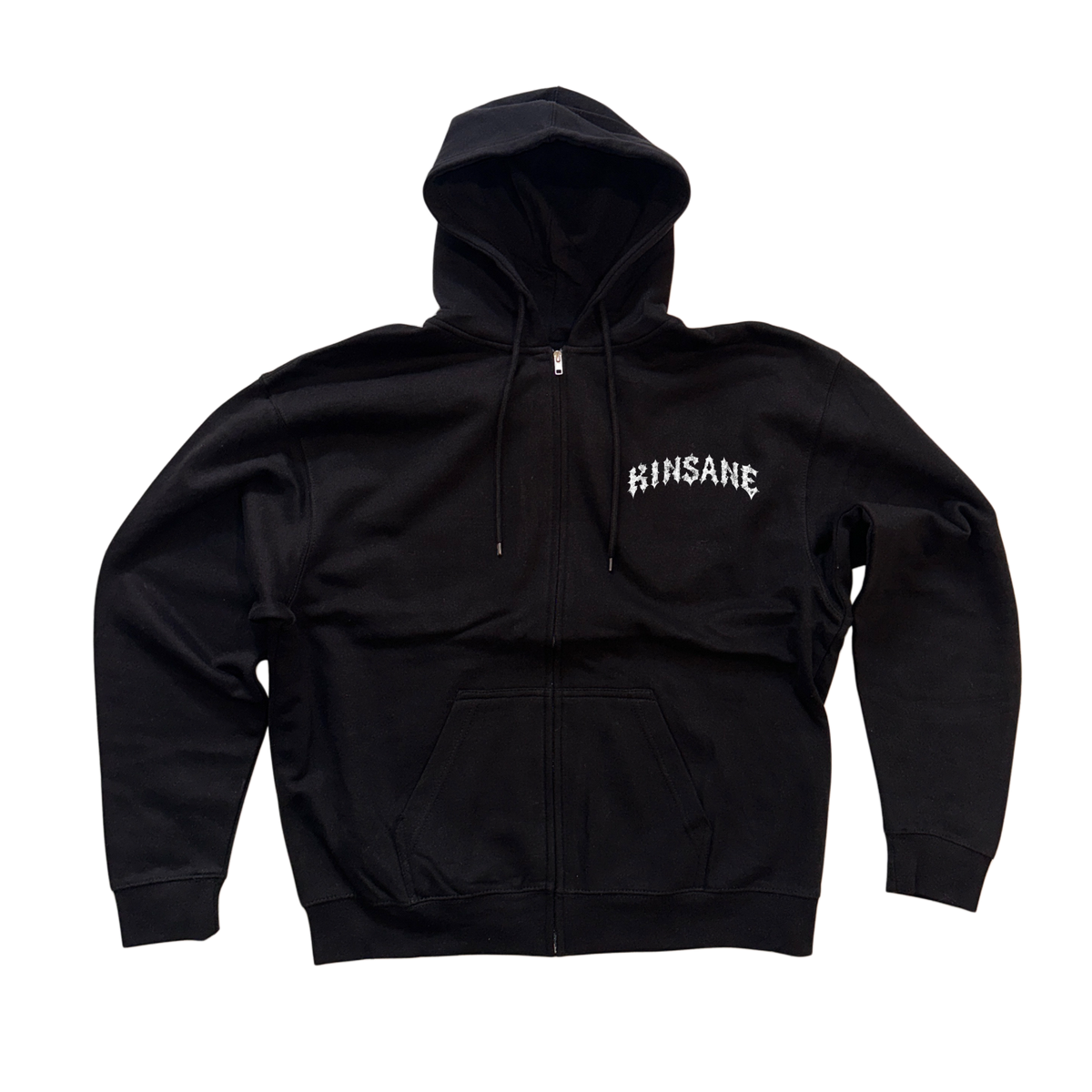 Black zip up hoodie with white text on the right side reading “kinsane”