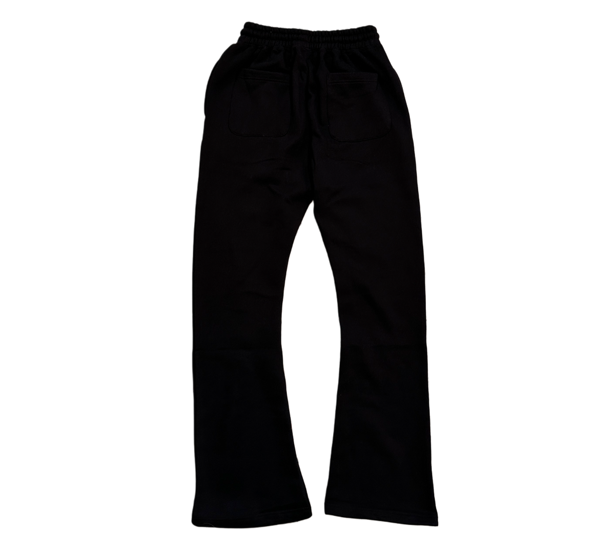 Back view of black stacked sweatpants