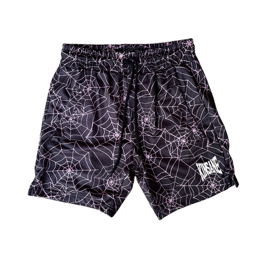 Black shorts with pink web design and white text reading “KINSANE”