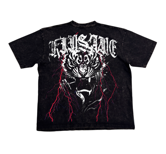 Back view of a black acid washed t-shirt with a tiger in flames and red lightning holding a dumbbell in its mouth design and white lettering reading “KINSANE”