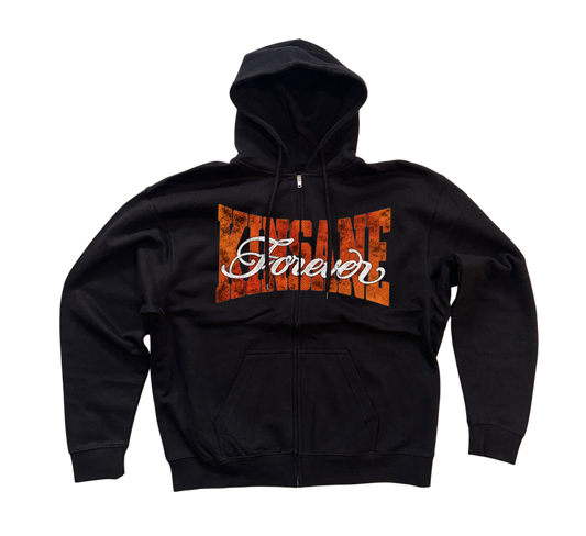 Black zip up hoodie with orange text reading KINSANE across the chest and white cursive text on top reading “forever”