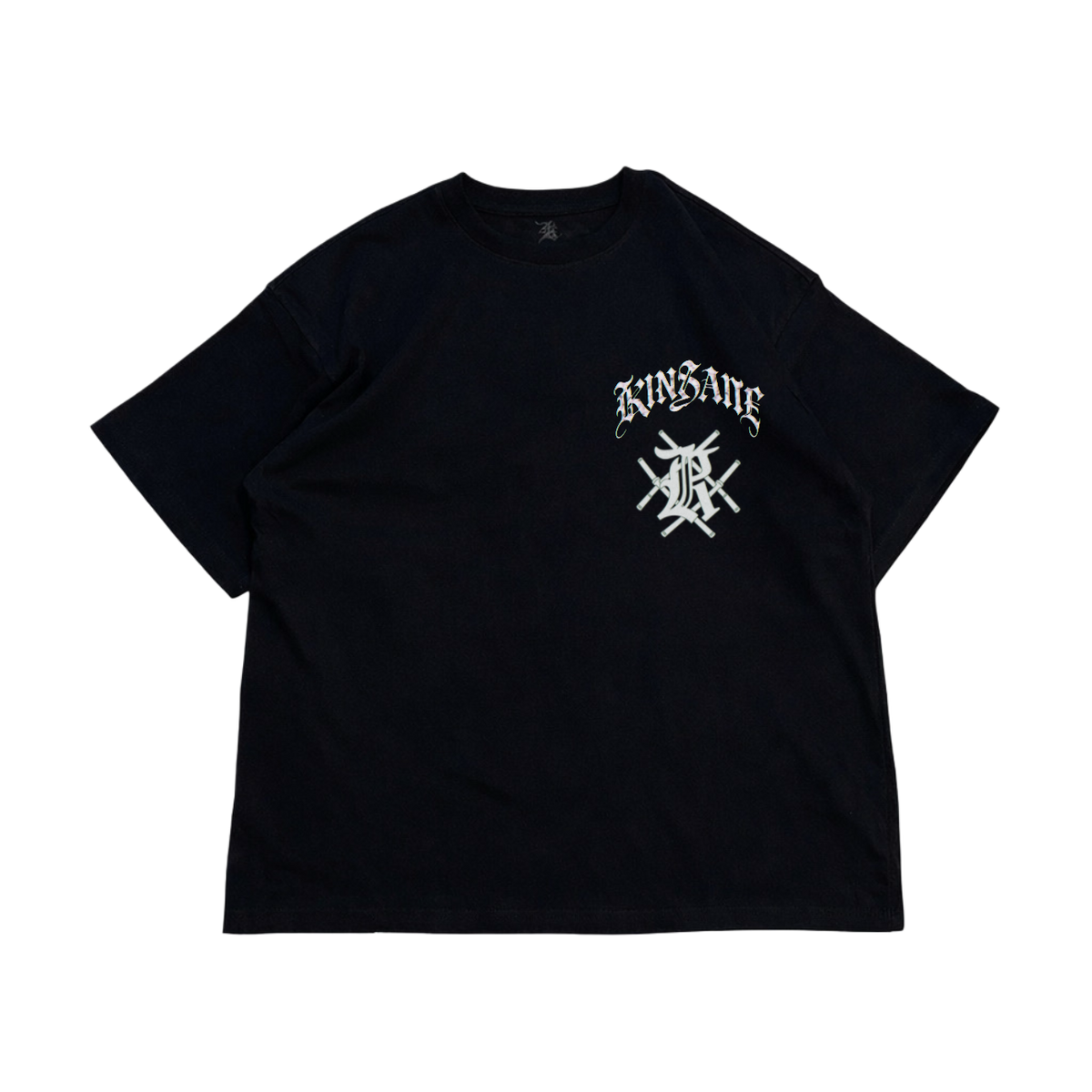 Black t shirt with white text reading “KINSANE” and white design with bars crossing and a letter K