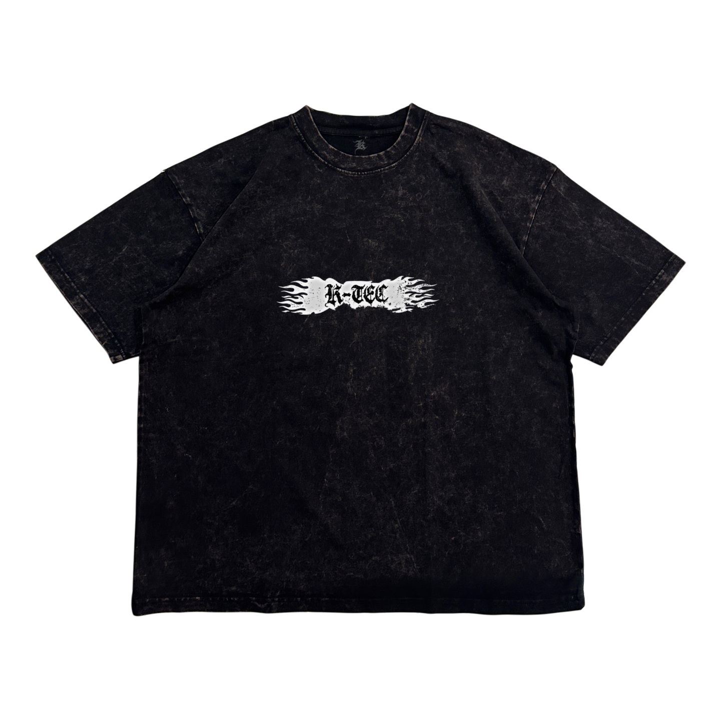 Black acid washed t shirt with white flamed logo with black text reading “K-TEC”