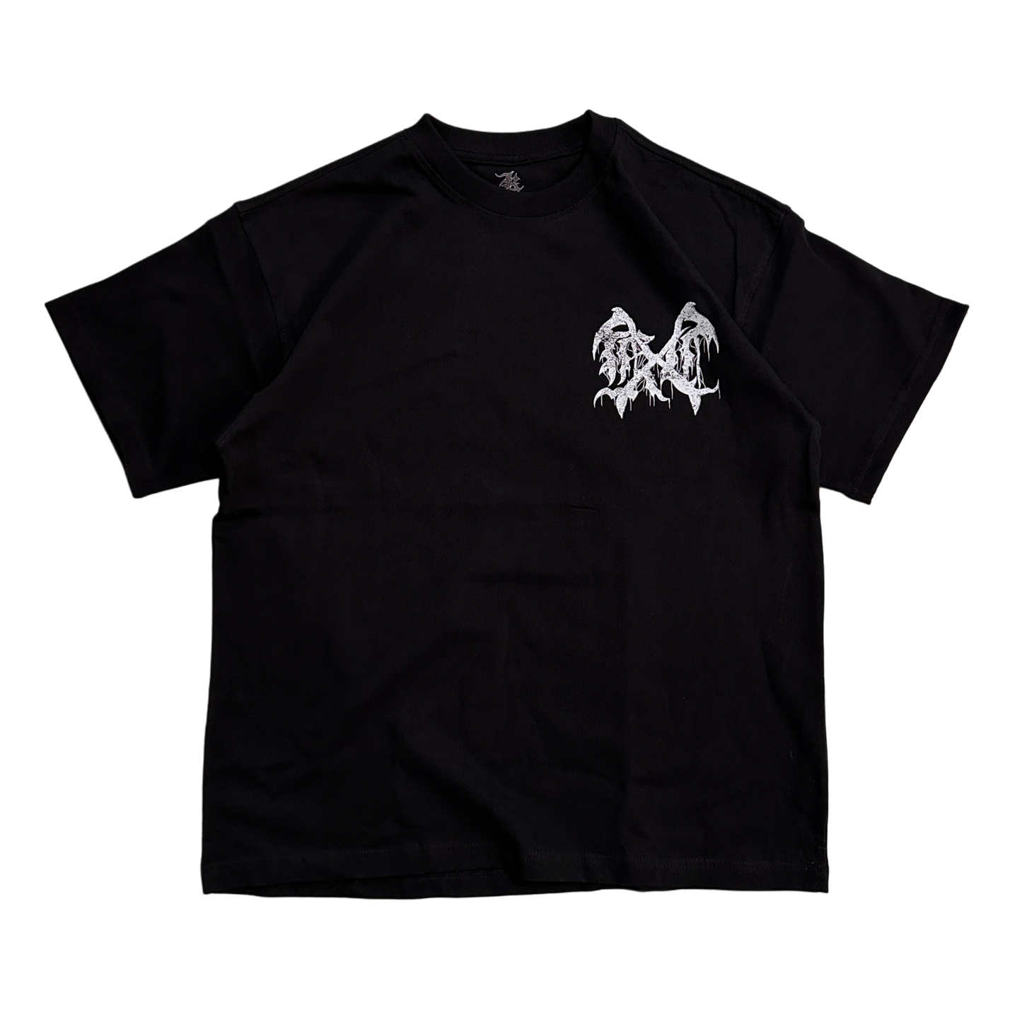 Black T-shirt with white logo on the front