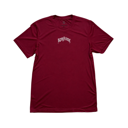 Maroon dry fit shirt with white text reading “KINSANE”