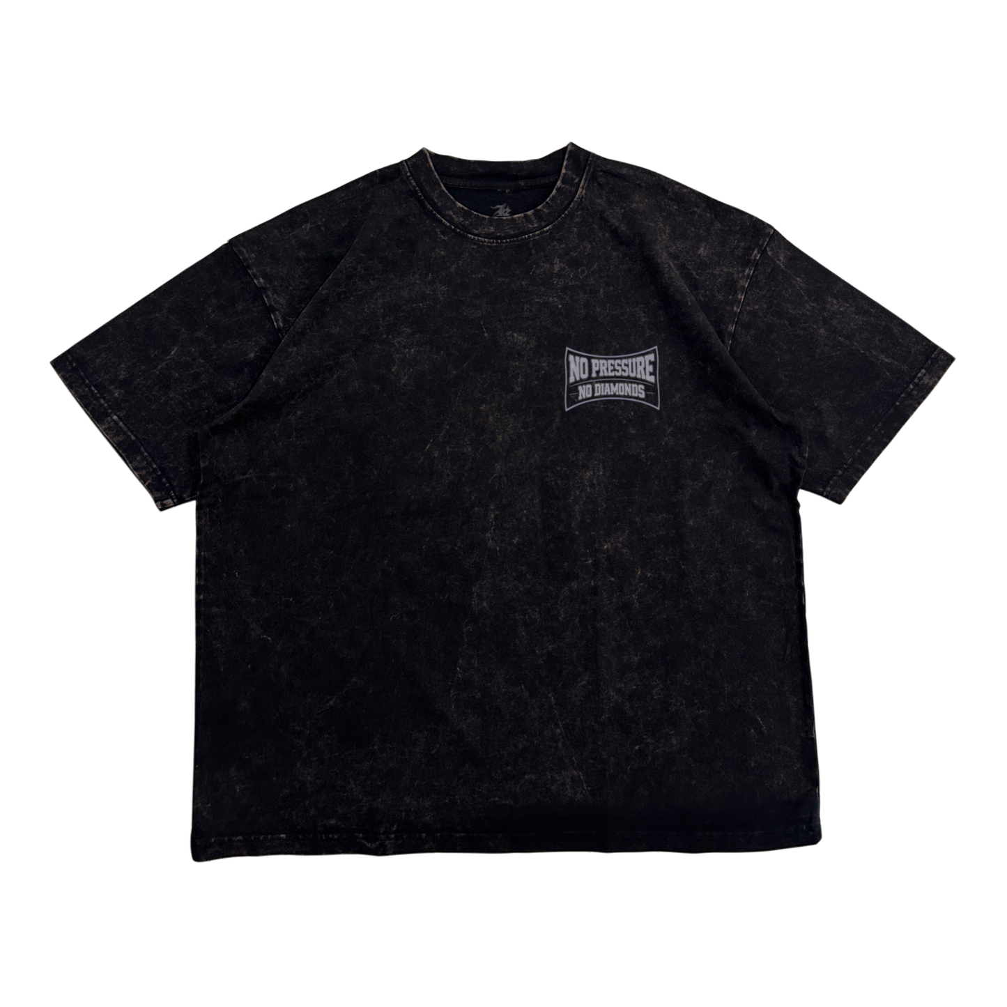 Acid washed t shirt with gray logo and text reading “NO PRESSURE NO DIAMONDS”