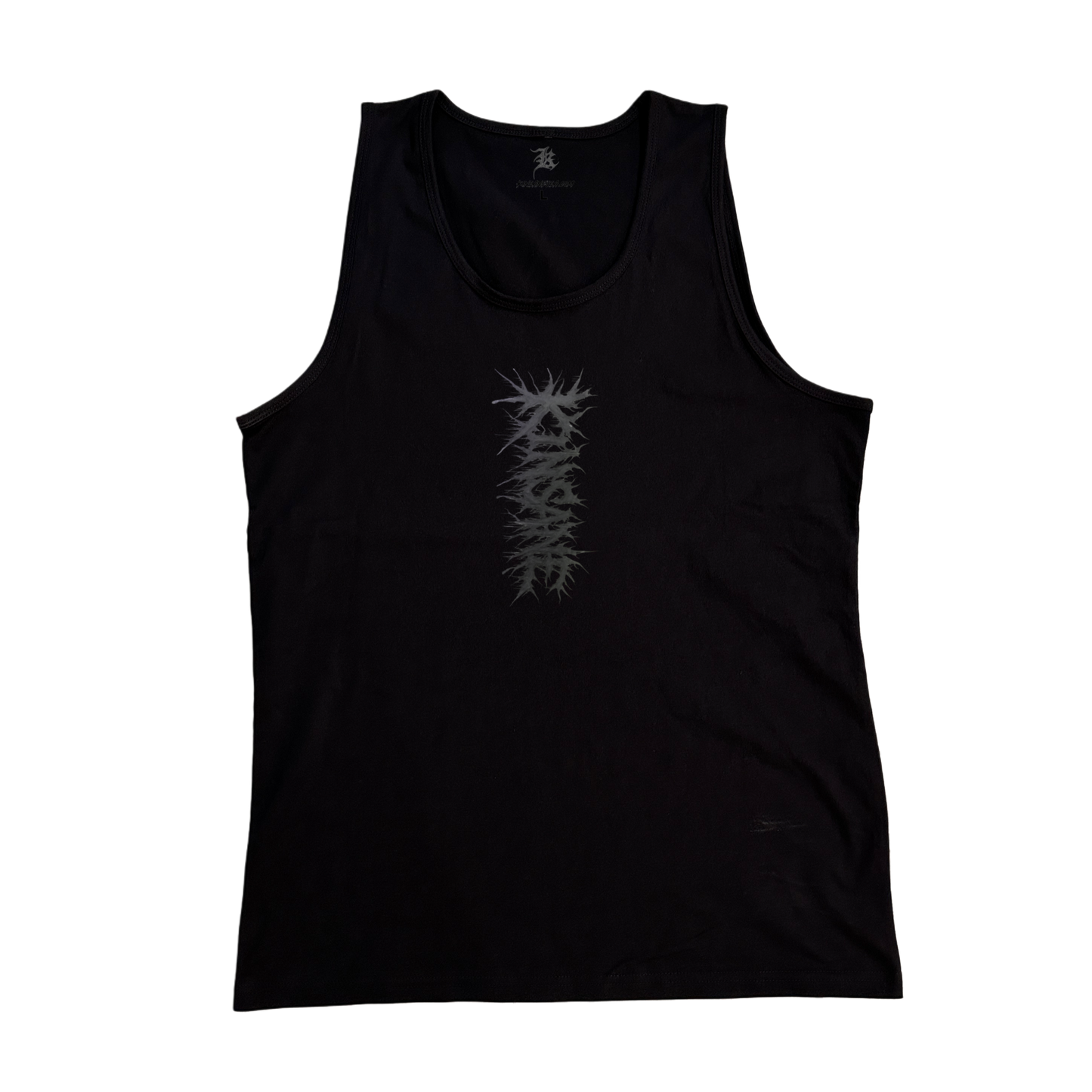 Black tank top with grey chaotic lettering reading “KINSANE”