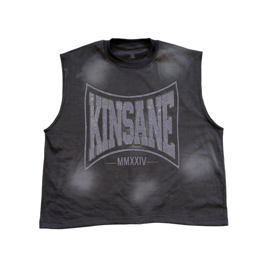 Gray acid washed sleeveless shirt with grayish logo and lettering reading “KINSANE MMXXIV”