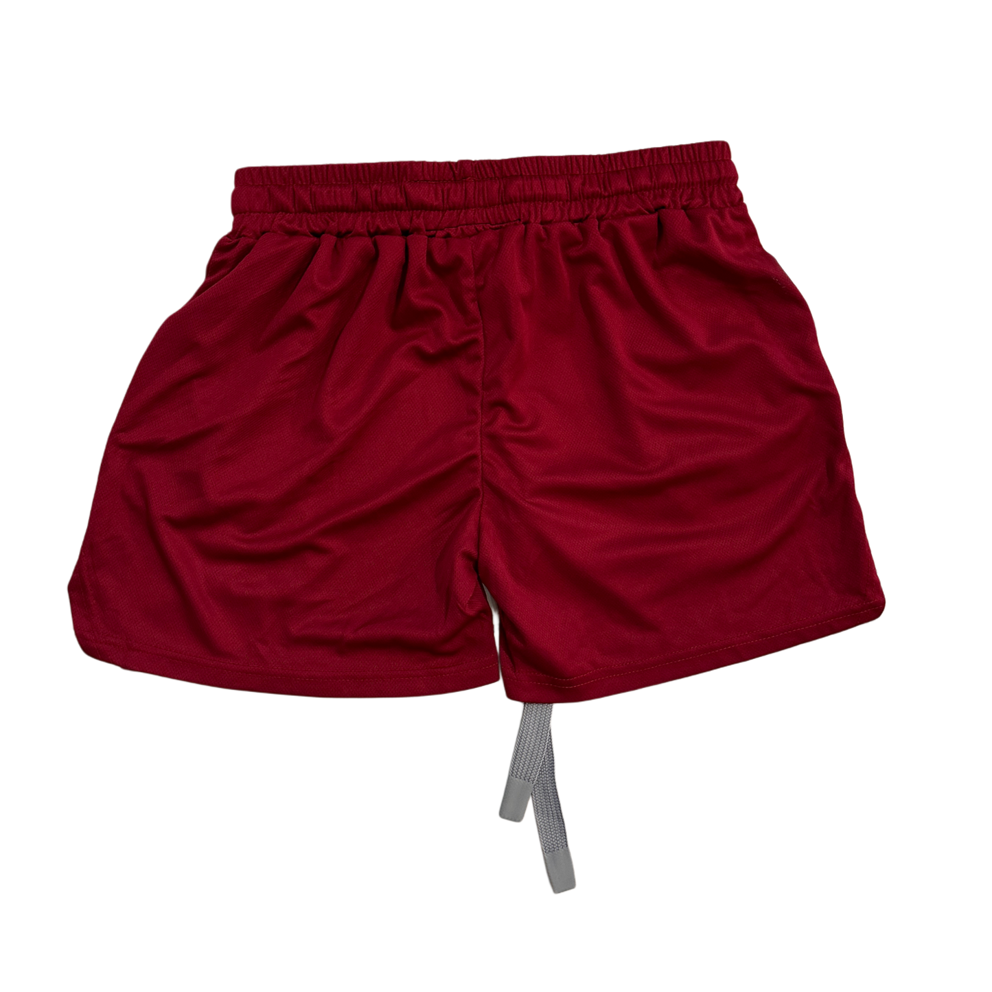 Back view of plain Dark red athletic shorts with elastic waists and, gray drawstrings.