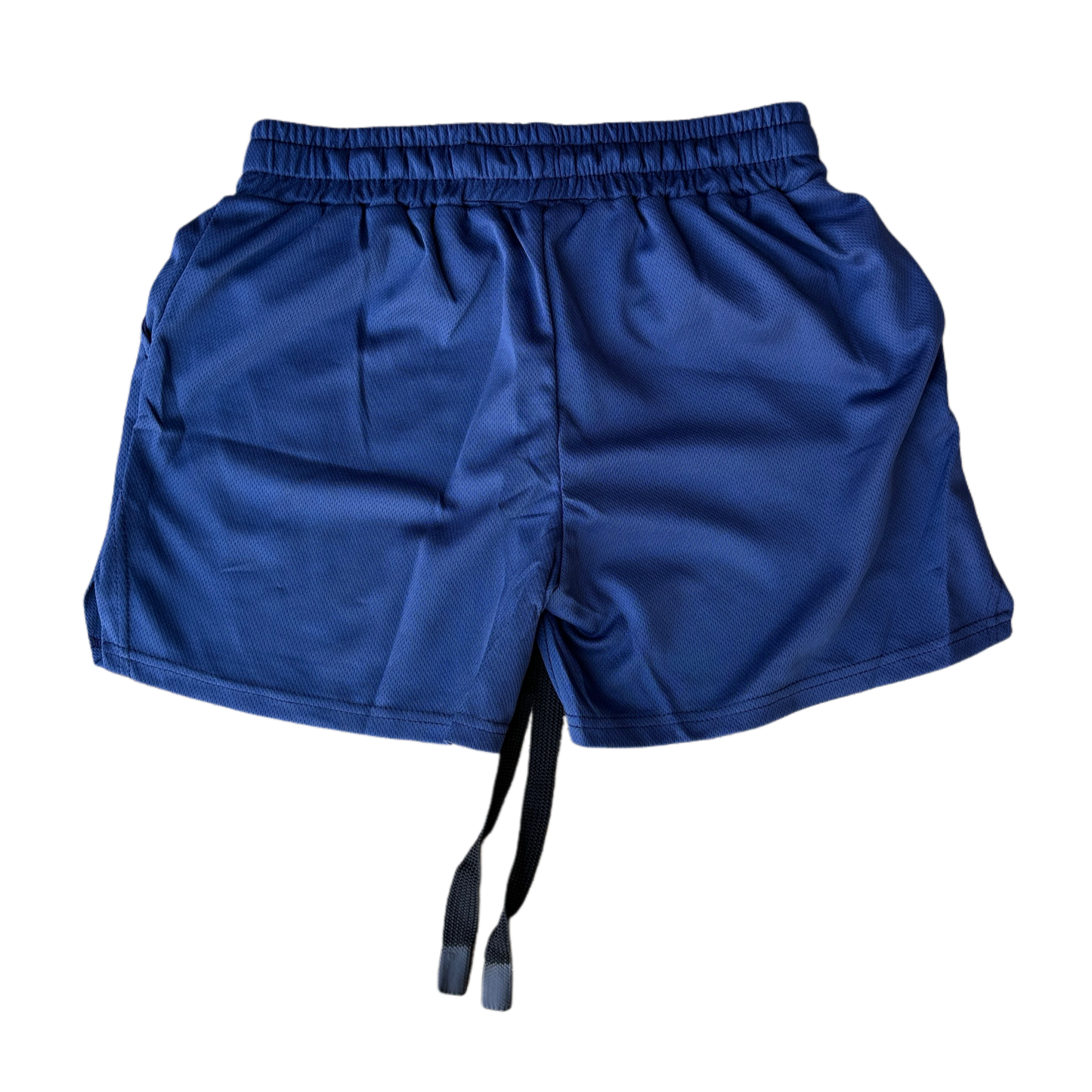 Back view of plain navy blue athletic shorts with elastic waistband and black drawstrings