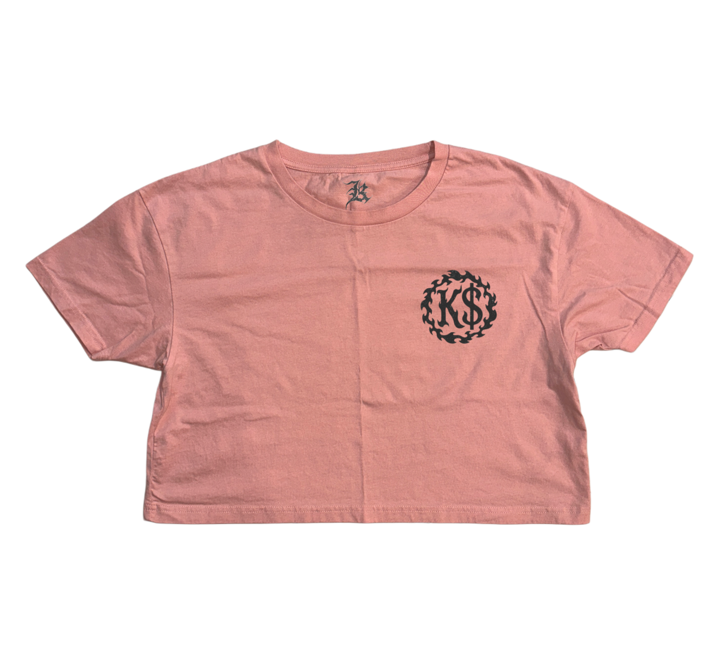 Pink crop top T-shirt with a black logo on the front
