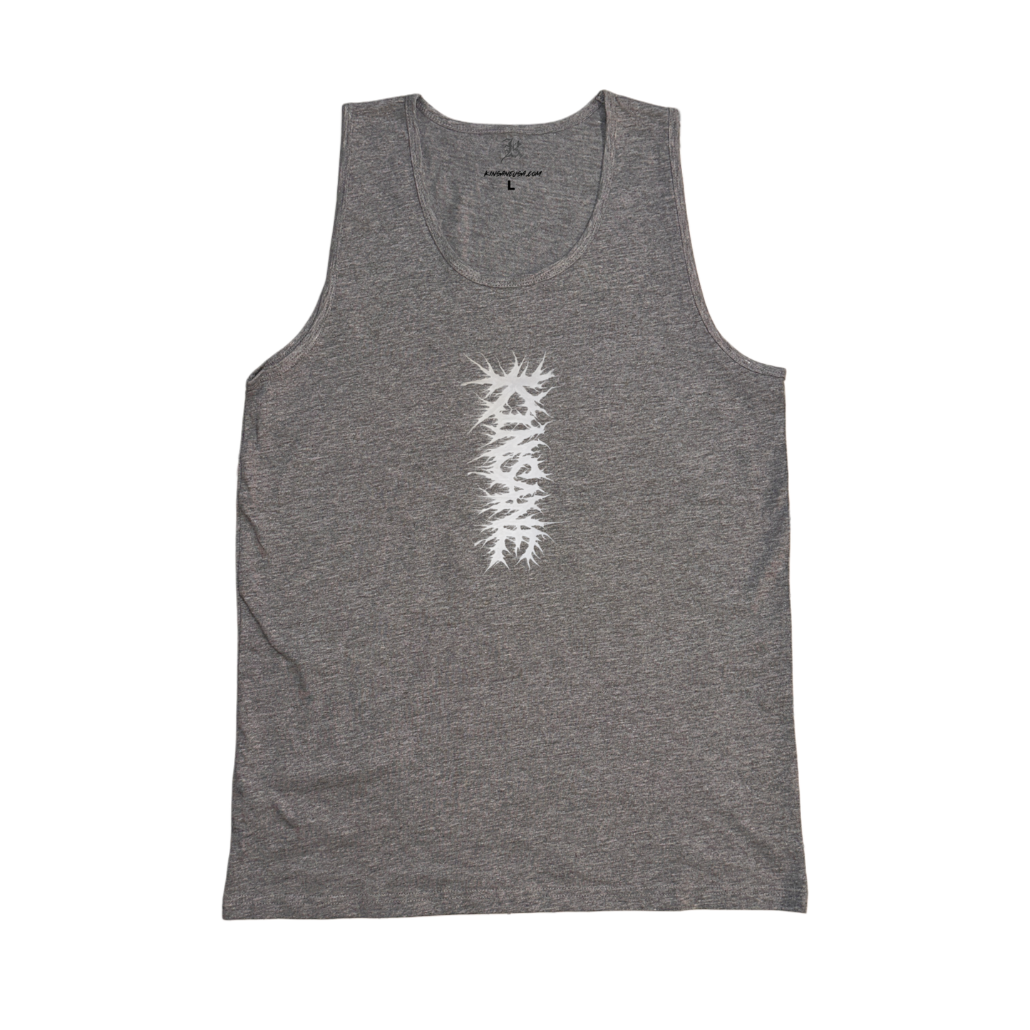 Grey tank top with white chaotic lettering reading “KINSANE”
