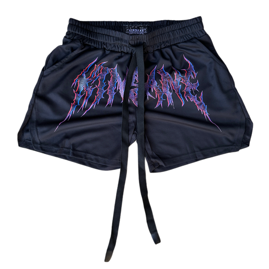 Black athletic shorts with elastic waistband and black drawstrings with red and purple tribal lettering reading “KINSANE” across the middle