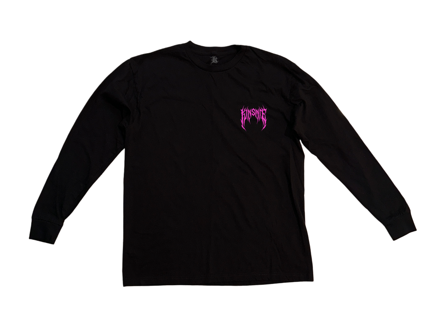 Black long sleeve T-shirt with pink tribal lettering reading “KINSANE”