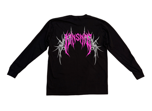 Back view of a black long sleeve T-shirt with pink tribal lettering reading “KINSANE” and white tribal designs