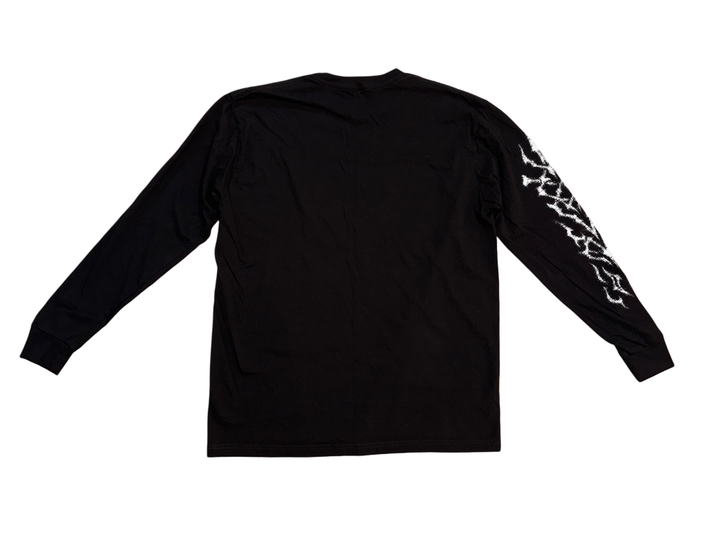 Back view of a black long sleeve shirt with white tribal designs on the right sleeve