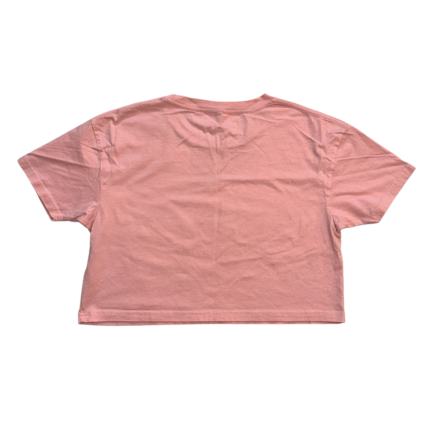 Back view of a plain pink crop top T-shirt
