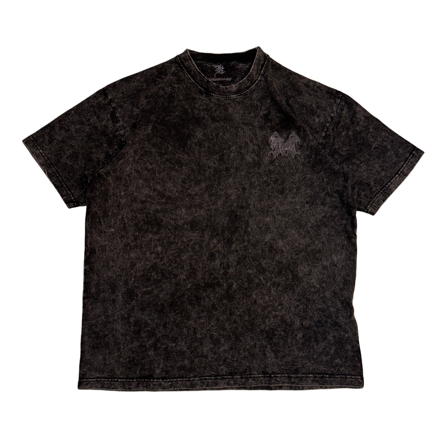 Black acid washed t-shirt with a black logo on the front