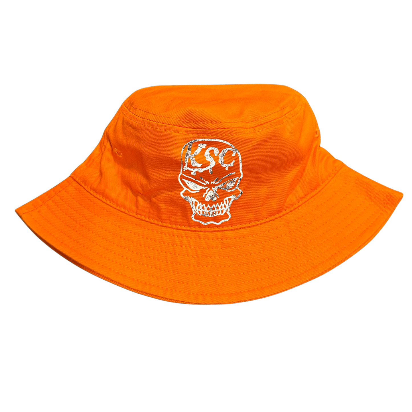 Orange bucket hat with white skull design and white text reading “KSC”