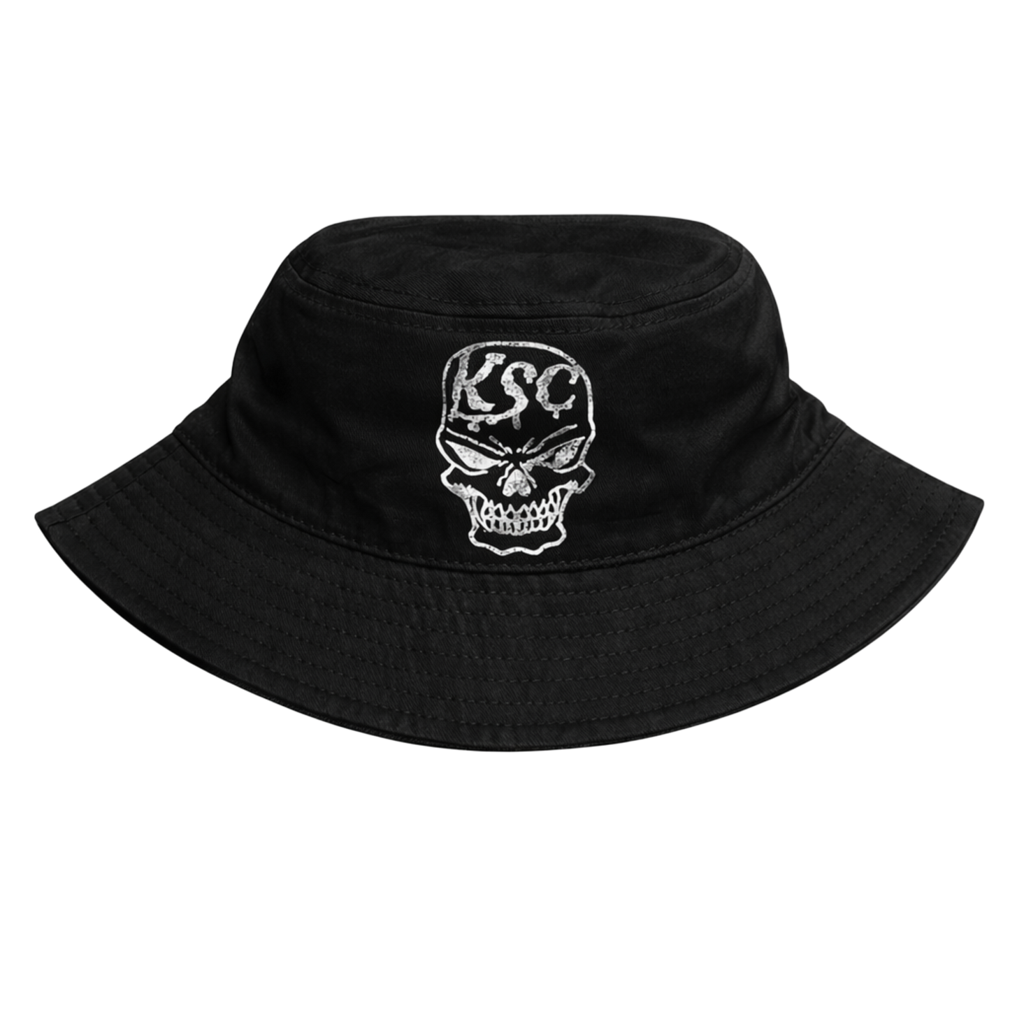 Black bucket hat with white skull design and white text reading “KSC”