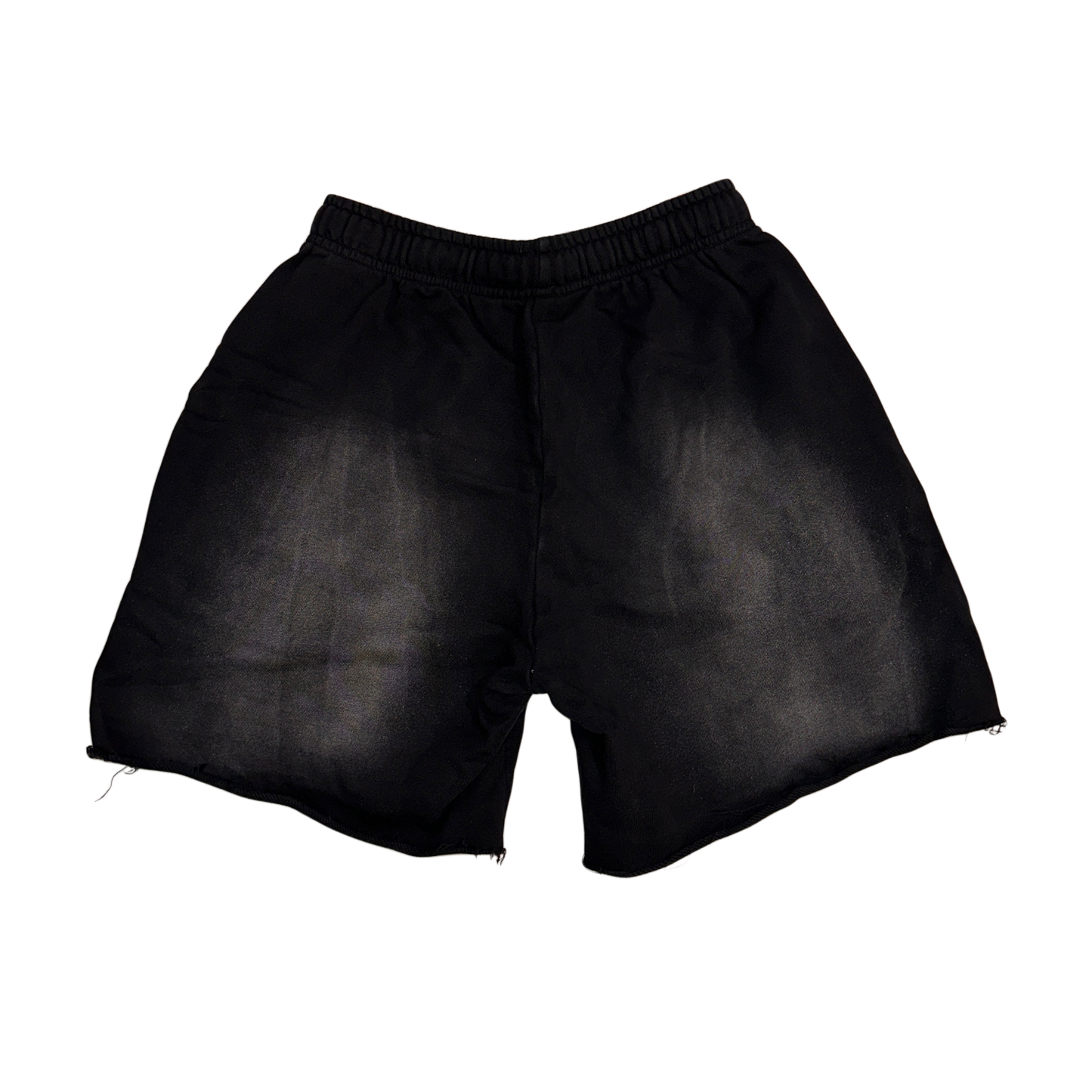 Back view of black acid washed shorts