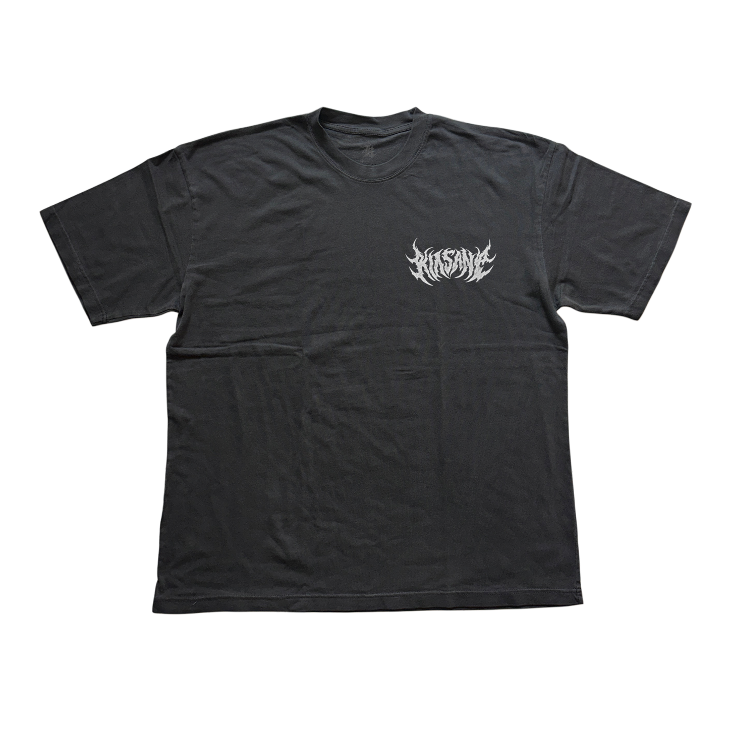Gray t shirt with grayish white text reading “KINSANE”