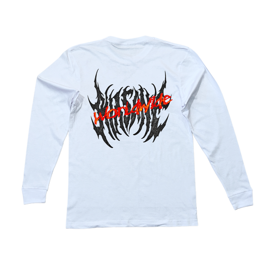 Back view of white long sleeve shirt with black text reading “KINSANE” and red text reading “WORLDWIDE”