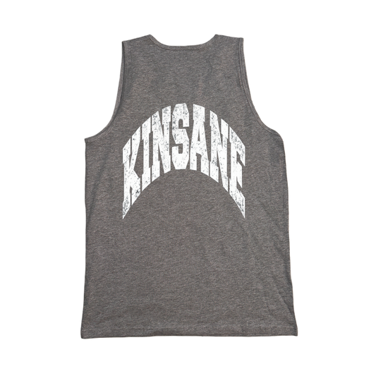 Back view of a gray tank top with white text reading “KINSANE”