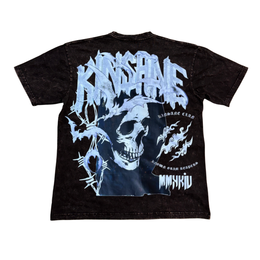Back view of a black acid washed t-shirt with a skull design and white lettering reading “KINSANE” and “KINSANE CLAN KNOWN GRIM REAPERS”