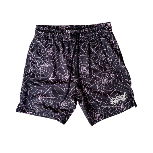 Black shorts with pink web design and white text reading “KINSANE”