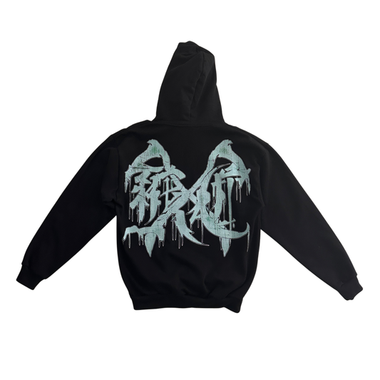 Back view of a black hoodie with a light green logo