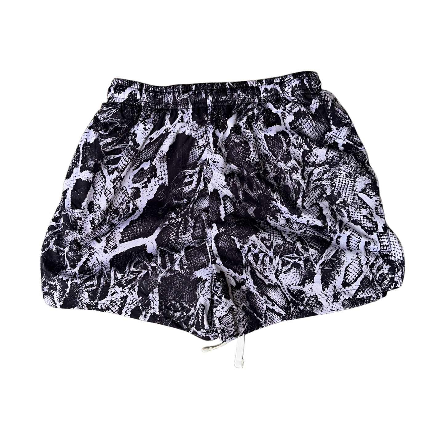 Back view of Black and white snakeskin pattern athletic shorts
