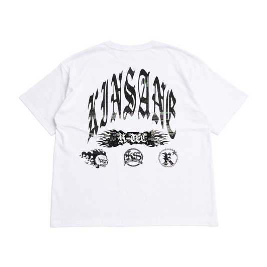 Back view of a white t shirt with black text reading “KINSANE” and a black flamed logo reading “K-TEC” and three smaller black logos