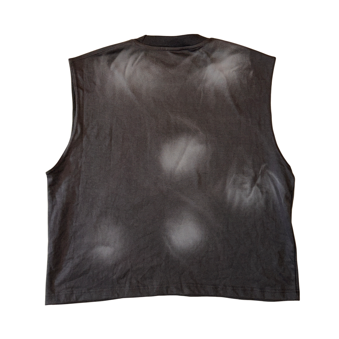 Back view of plain gray acid washed sleeveless shirt