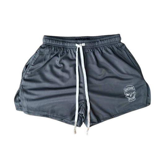 Gray athletic shorts with white drawstrings and a white skull logo with white text reading “KINSANE” on the right side