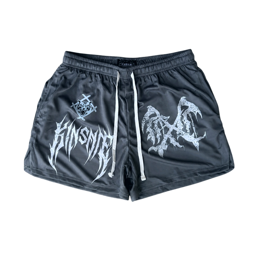 Gray athletic shorts with white drawstrings and a white logo on the right side and a white logo and white text reading “KINSANE” on the left side