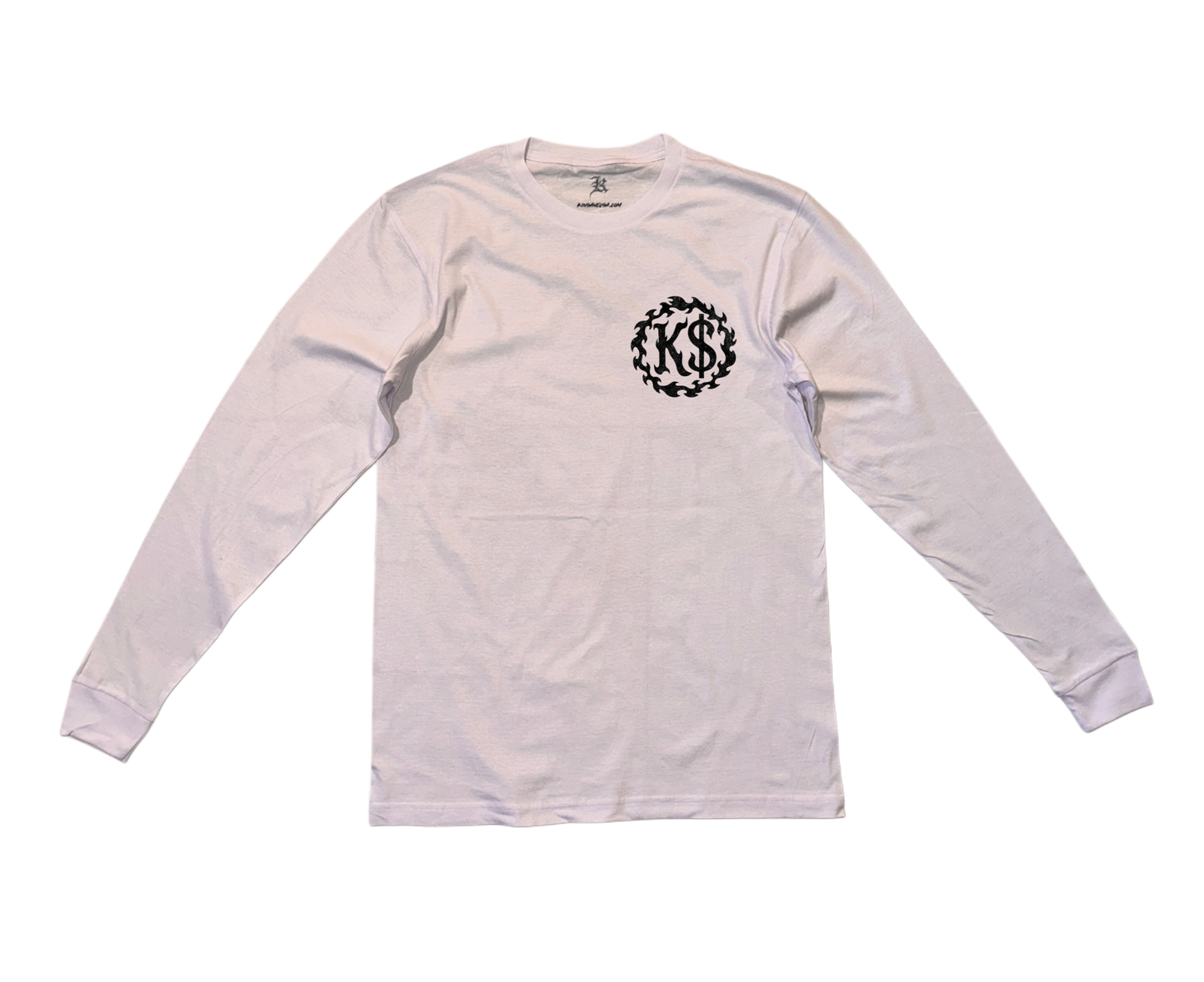 White long sleeve T-shirt with a black logo
