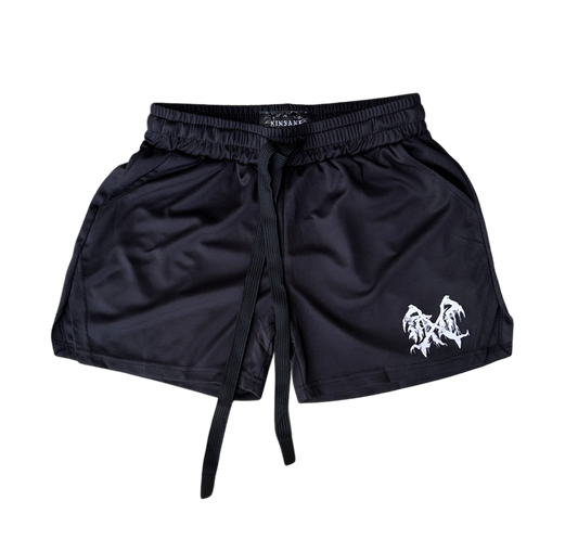 black athletic shorts with elastic waistband, drawstrings, and white graphic logo on right leg