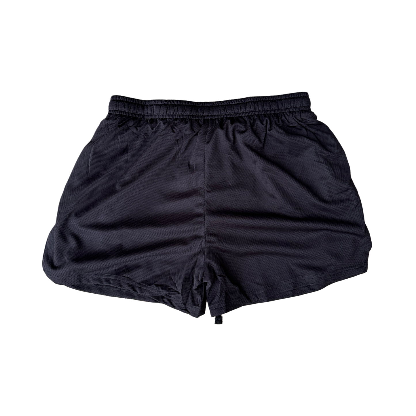 Back view of black athletic shorts