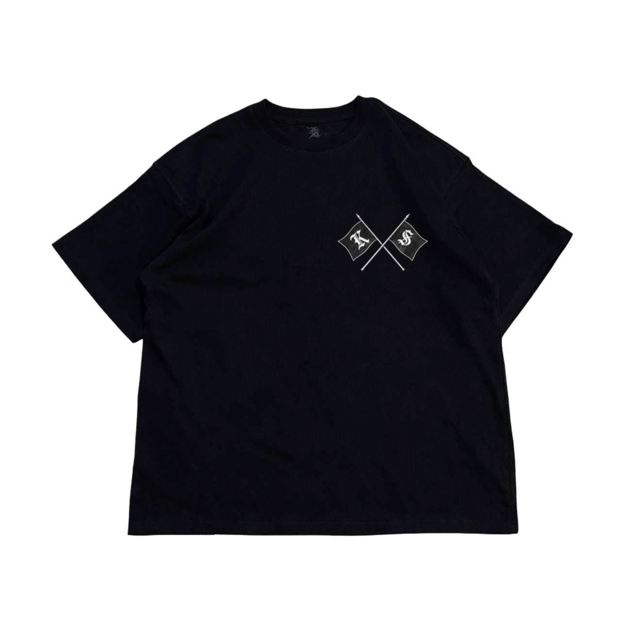 Black T-shirt with white and black crossing flags reading “K” and “S” on the flags