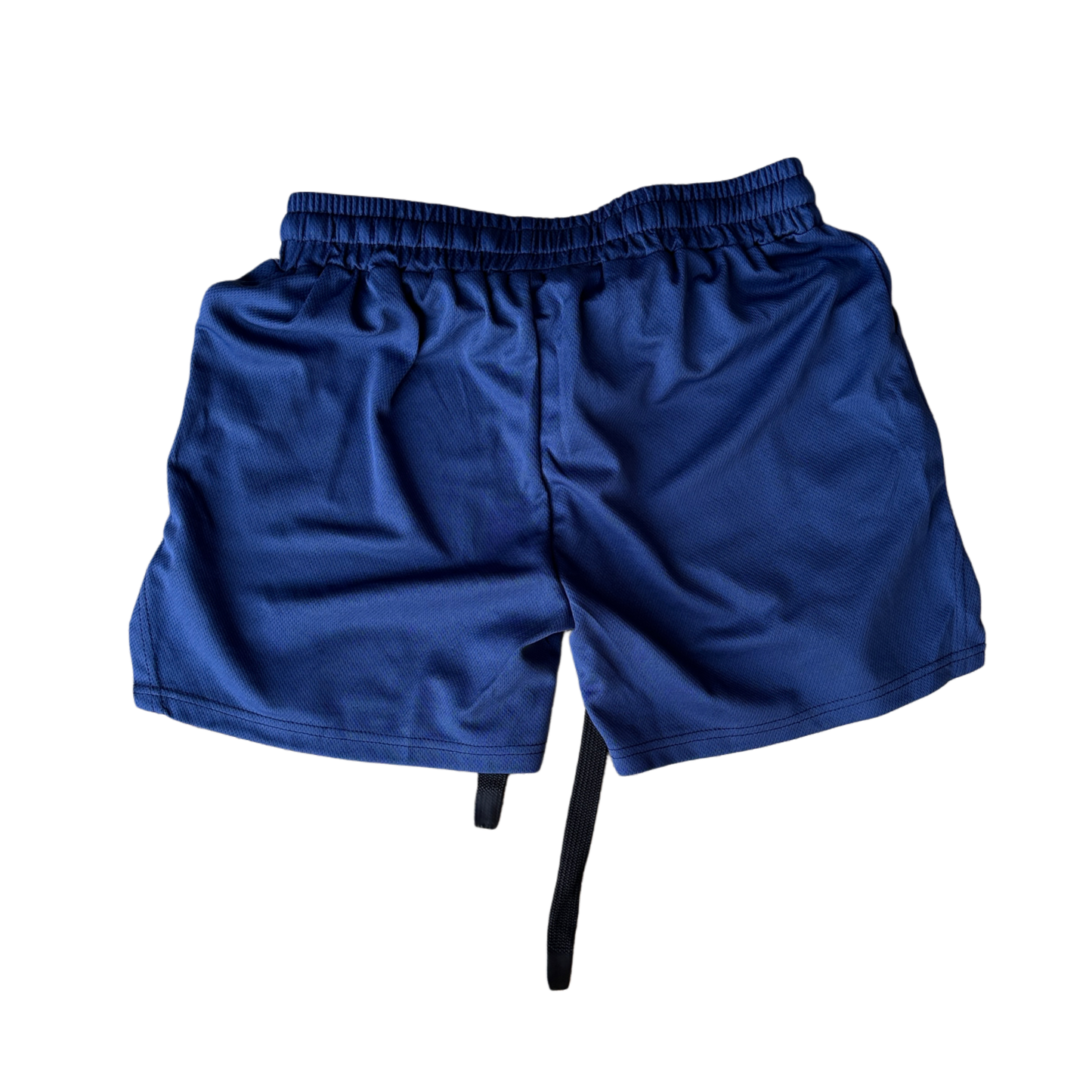 Back view of navy blue athletic shorts with elastic waistband and black drawstrings