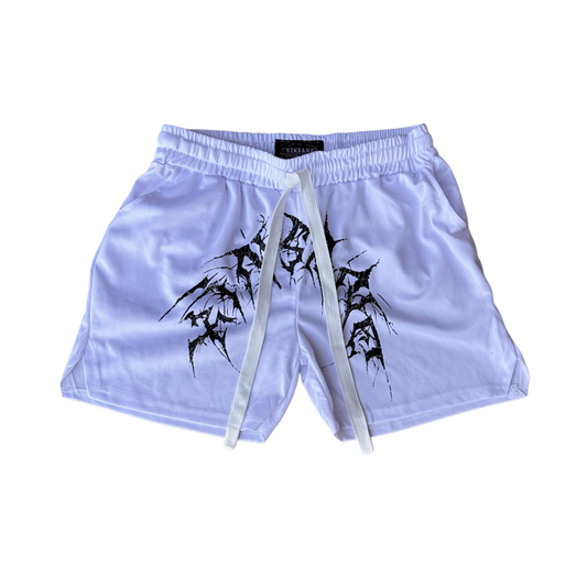 White athletic shorts with elastic waistband and white drawstrings with black tribal lettering reading “KINSANE” across the middle