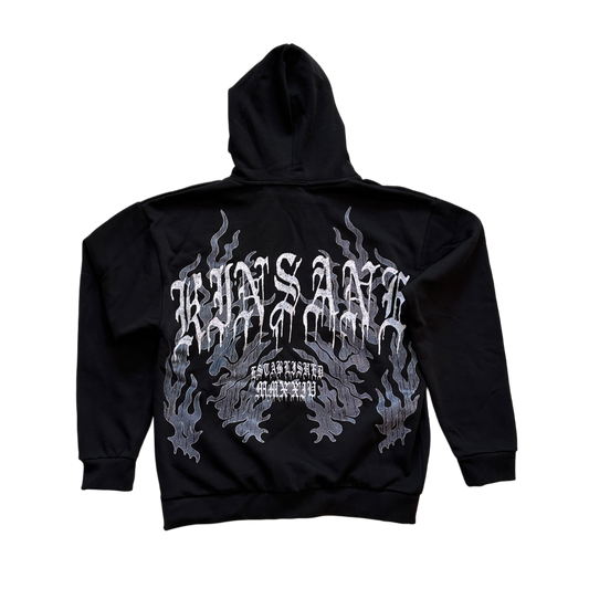 Back view of a black hoodie with grey blue flames and white text reading “KINSANE ESTABLISHED MMXXIV”