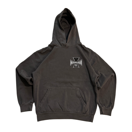 Dark grey hoodie with white logo on the front reading “KINSANE TX”
