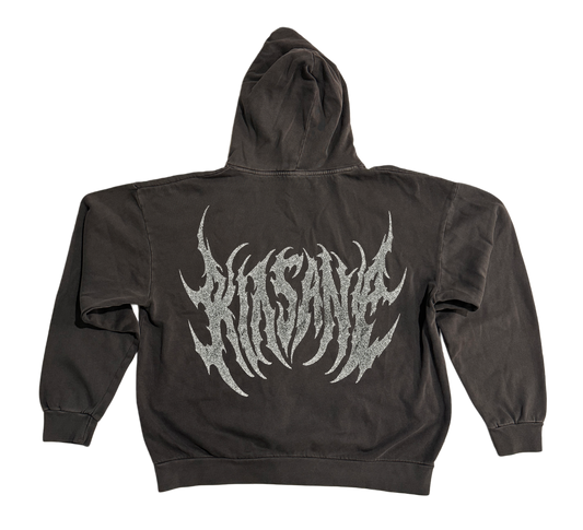 Back view of a dark grey hoodie with grey lettering reading “KINSANE”