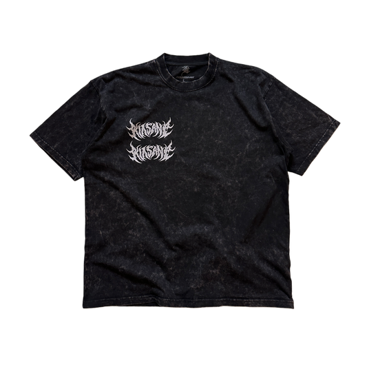 Black acid washed t-shirt with silver lettering reading “KINSANE”