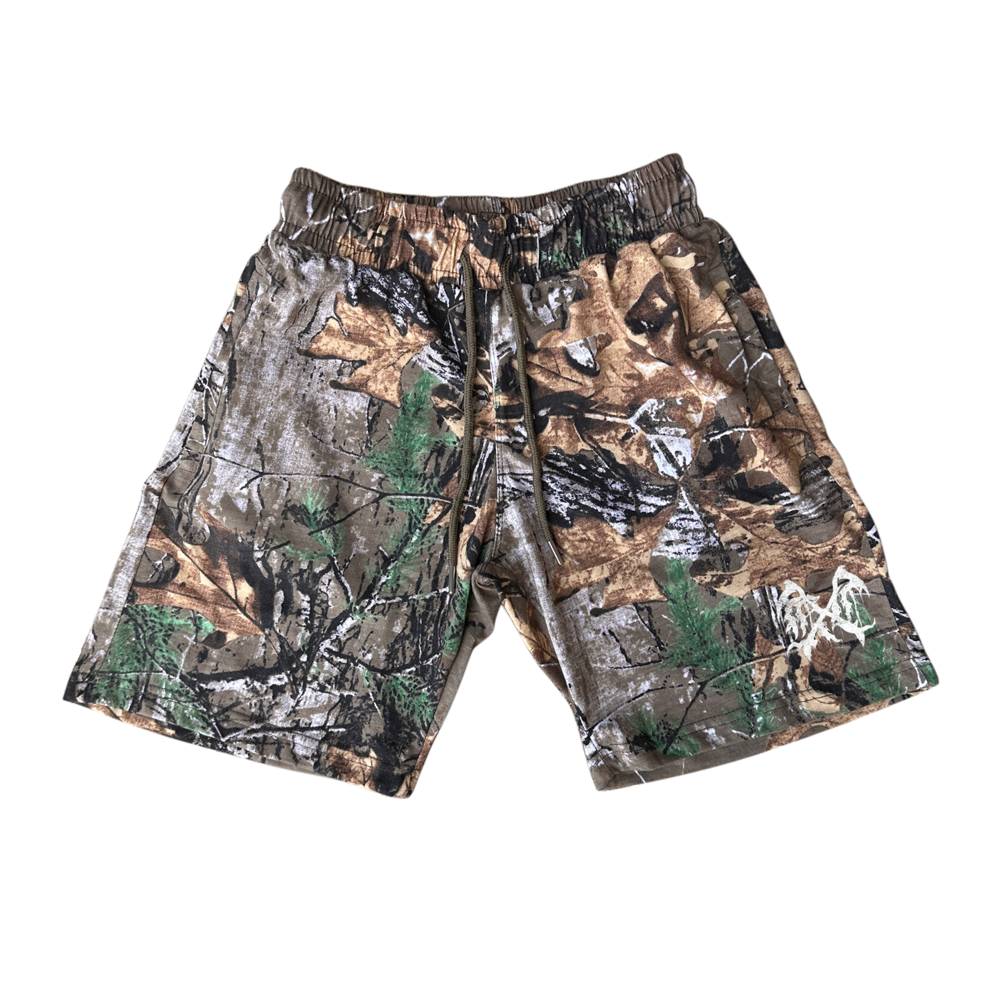 Camouflage shorts with green drawstrings and white logo on the left leg 