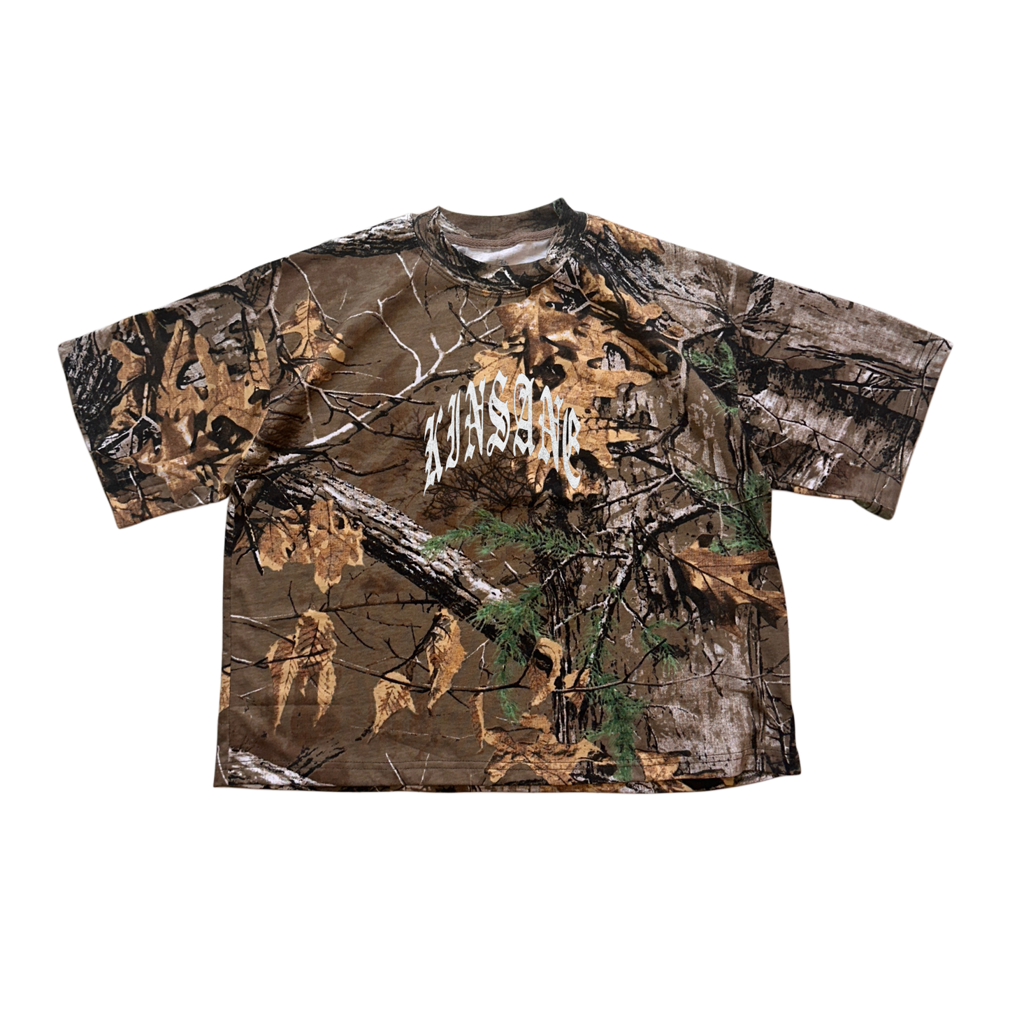 Camouflage t shirt with white text on the front reading “KINSANE”