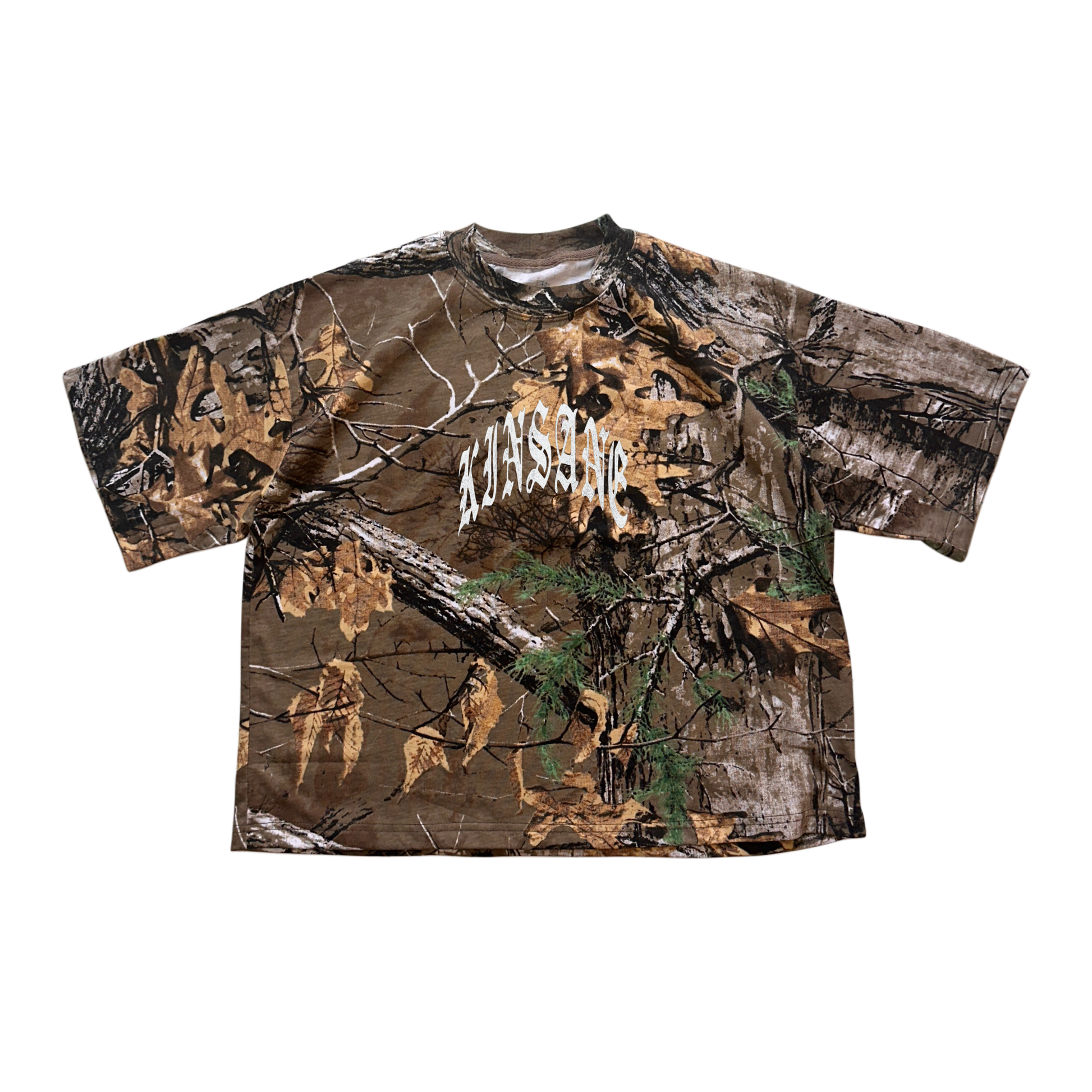 Camouflage t shirt with white text on the front reading “KINSANE”