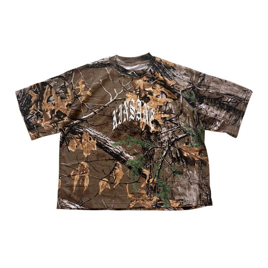 Camouflage t shirt with white text on the front reading “KINSANE”